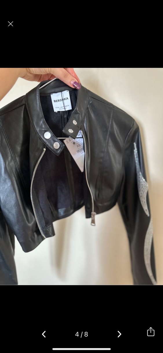 BERSHKA Kadın Siyah Baskılı Deri Biker Ceket - Görsel 4