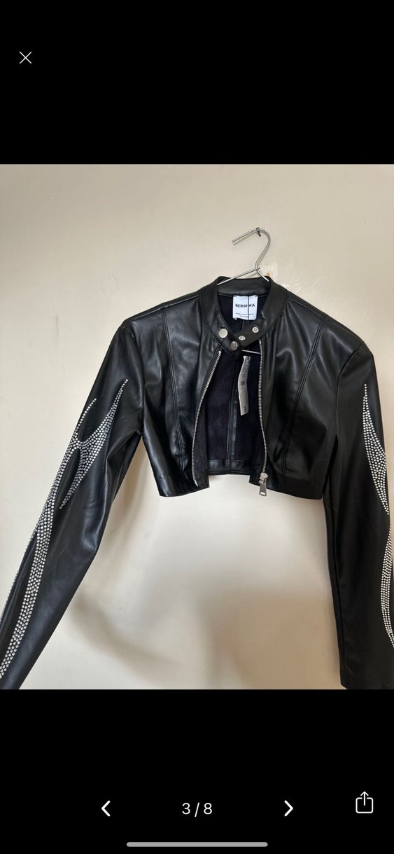 BERSHKA Kadın Siyah Baskılı Deri Biker Ceket - Görsel 3