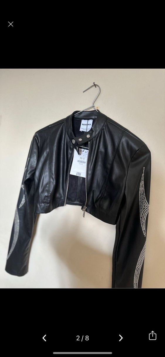 BERSHKA Kadın Siyah Baskılı Deri Biker Ceket - Görsel 2