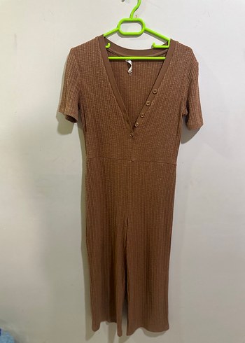 Mango Düğmeli V Yaka Kahverengi Triko Tulum - Görsel 3