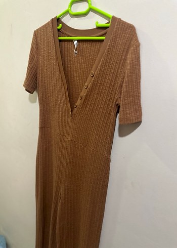 Mango Düğmeli V Yaka Kahverengi Triko Tulum - Görsel 2