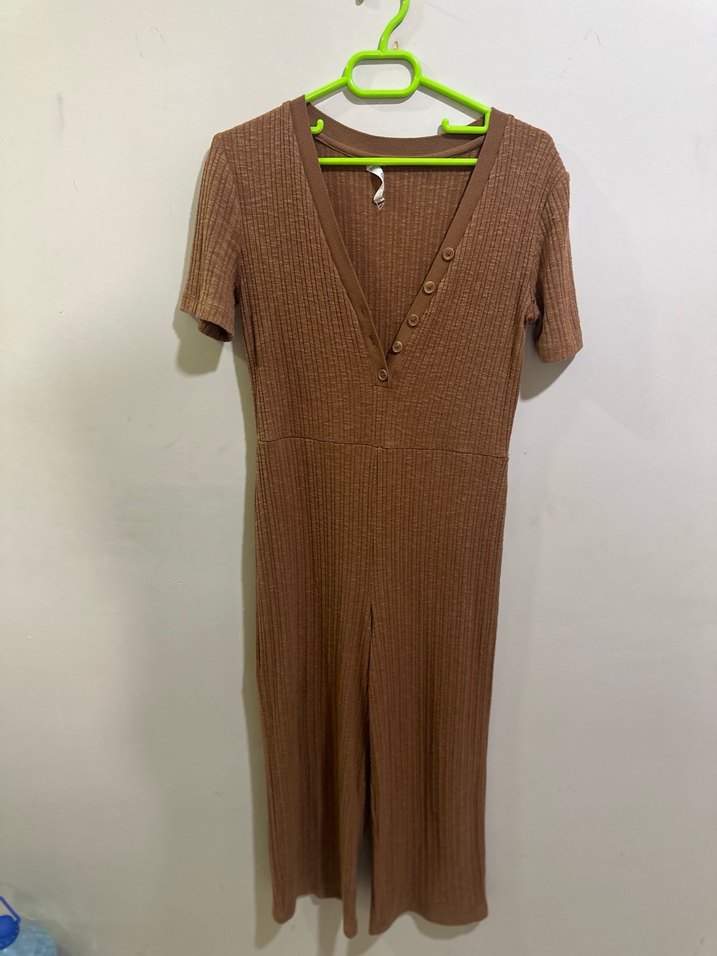 Mango Düğmeli V Yaka Kahverengi Triko Tulum - Görsel 3