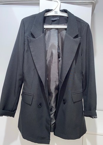 Kadın Siyah Uzun Keten Blazer Ceket