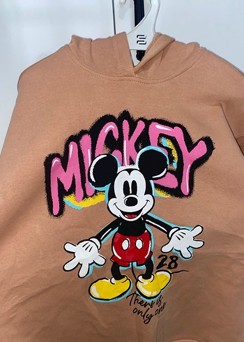 13-14 Yaş Beden Mickey Baskılı Kahverengi Kapüşonlu Sweatshirt