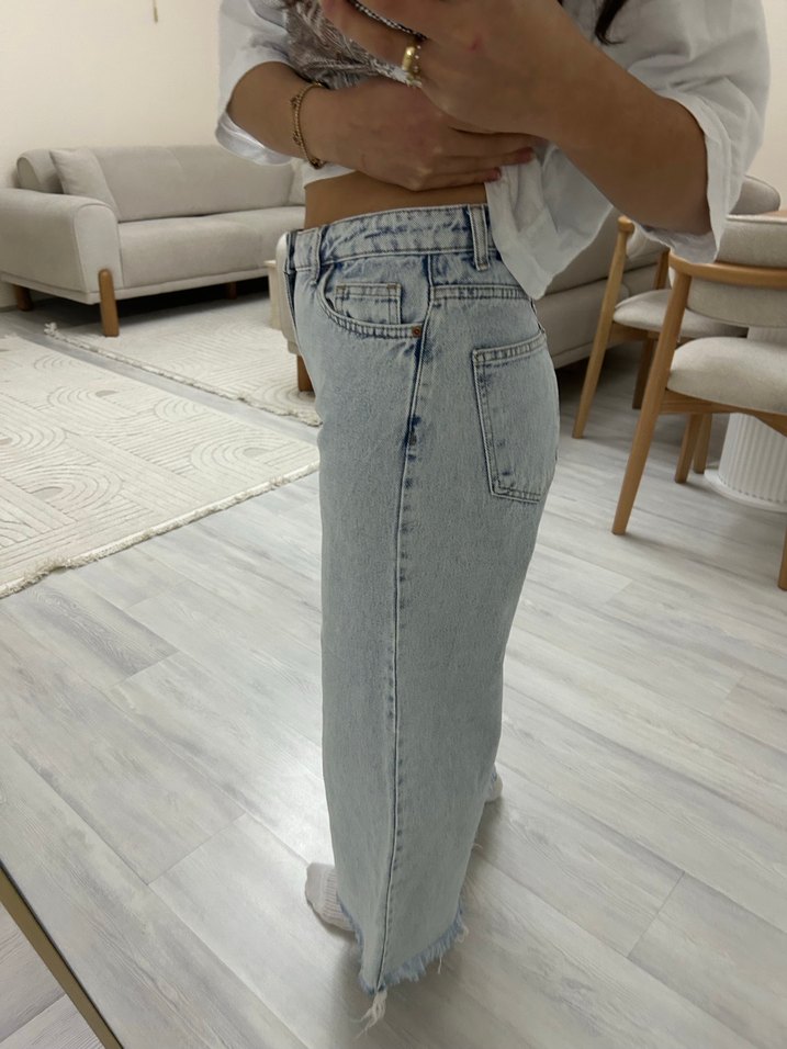 Beyaz Batik Desenli Rahat Kesim Midi Kot Pantolon - Görsel 2