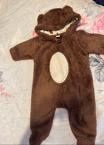 6 Ay Beden kahverengi Renk Kahverengi Peluş Bebek Tulumu Kulaklı Kapüşon