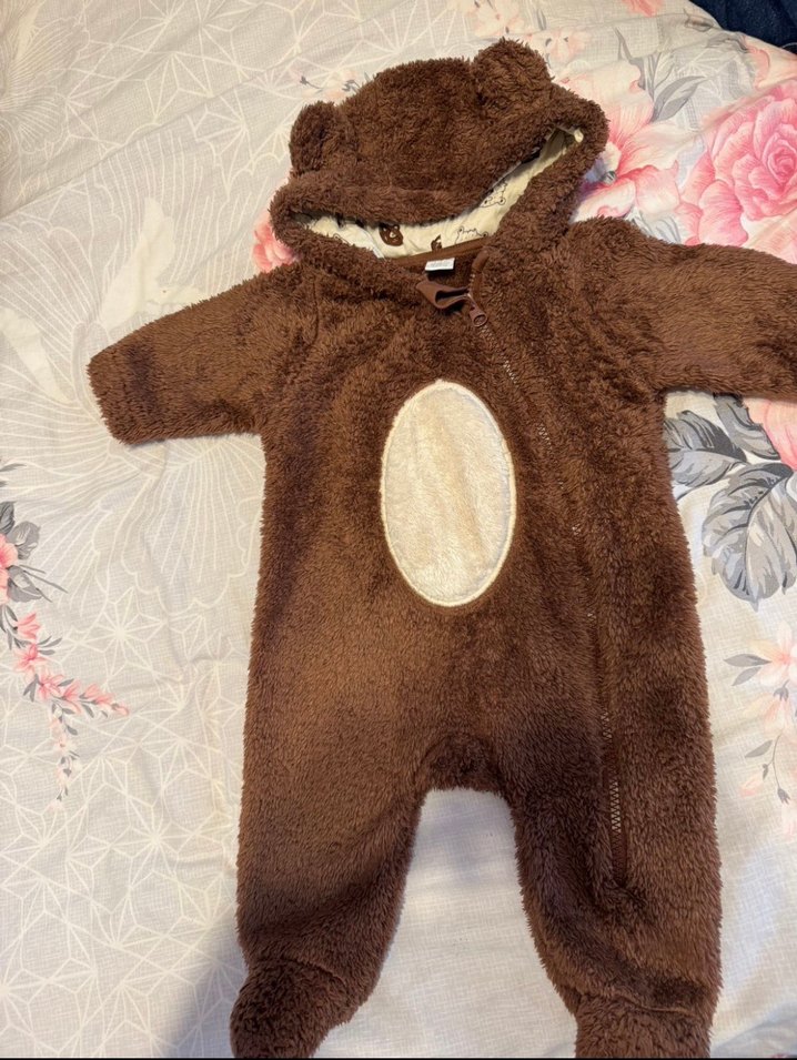 Kahverengi Peluş Bebek Tulumu Kulaklı Kapüşon - Görsel 3