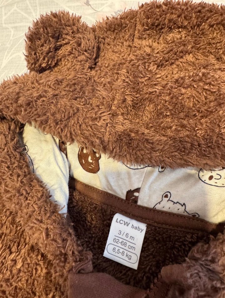 Kahverengi Peluş Bebek Tulumu Kulaklı Kapüşon - Görsel 4