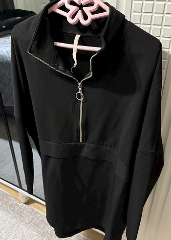 Siyah Yarım Fermuarlı Yüksek Yakalı Sweatshirt - Görsel 2