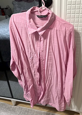 Pembe Keten Düğmeli Uzun Kollu Gömlek - Görsel 3