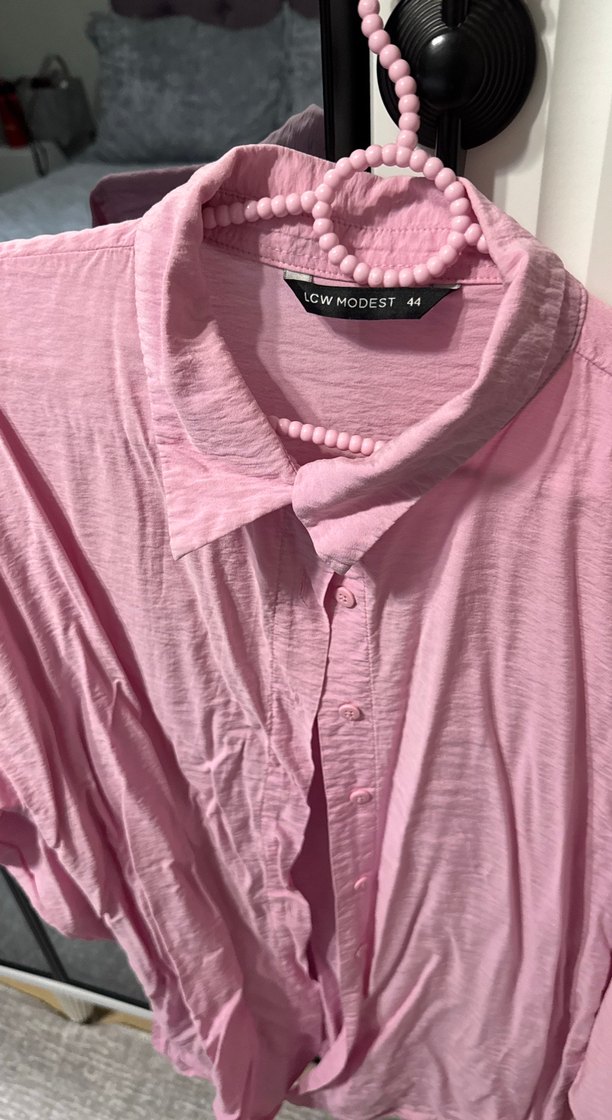 Pembe Keten Düğmeli Uzun Kollu Gömlek - Görsel 2