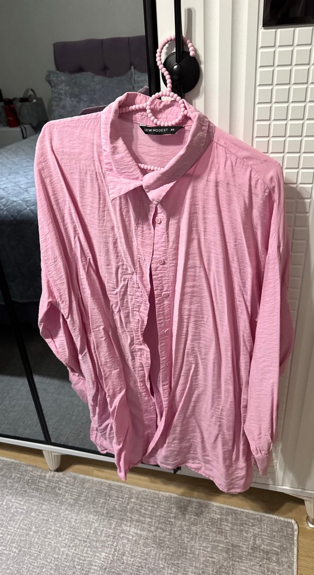 Pembe Keten Düğmeli Uzun Kollu Gömlek - Görsel 3