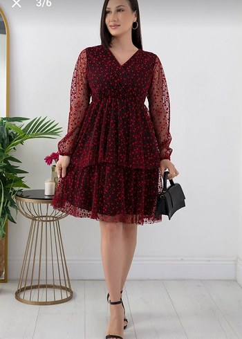 Bordo Çiçek Desenli Uzun Kollu Mini Elbise