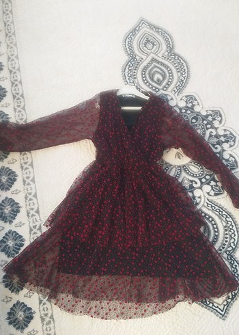 s Beden siyah Renk Bordo Çiçek Desenli Uzun Kollu Mini Elbise