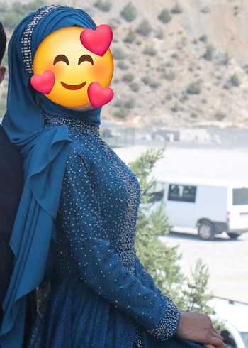 m Beden Uzun Kollu Drapeli Mavi Desenli Abiye Elbise