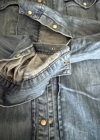 l Beden Gri Mavi Denim Kadın Gömlek