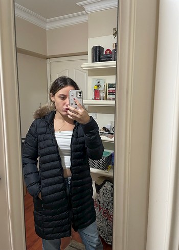 Kadın Siyah Puff Mont, Midi Boy, Yüksek Yaka - Görsel 2