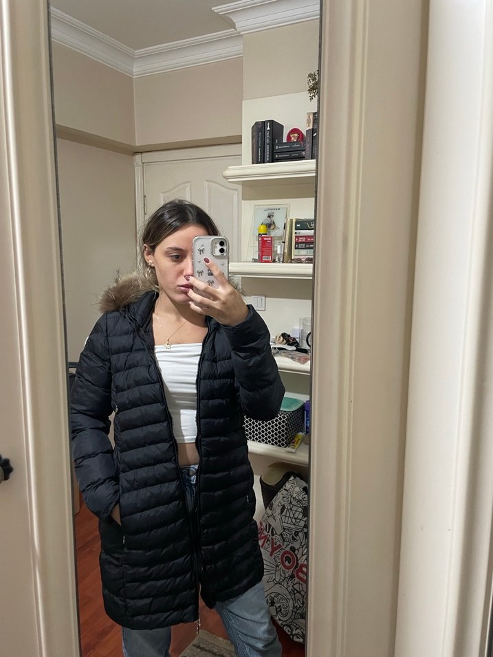 Kadın Siyah Puff Mont, Midi Boy, Yüksek Yaka - Görsel 2