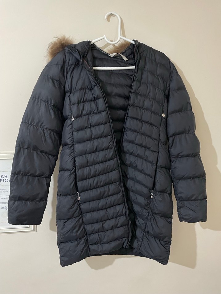 Kadın Siyah Puff Mont, Midi Boy, Yüksek Yaka - Görsel 3