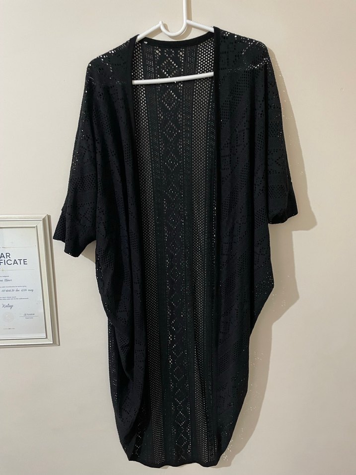 Şeffaf Siyah Uzun Kollu Midi Kadın Hırka - Görsel 2