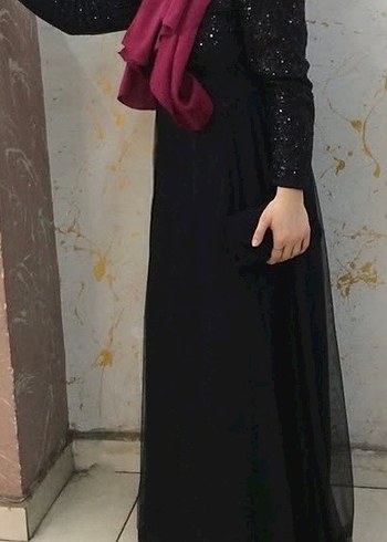 Siyah Uzun Kollu Tesettür Abiye Elbise