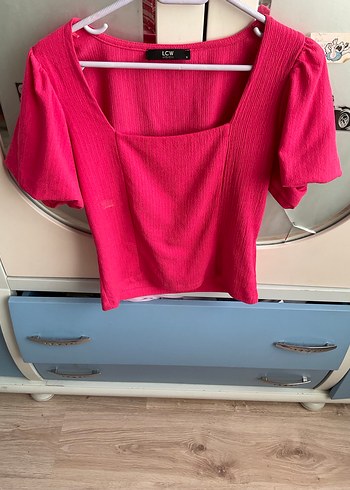 Pembe Keten Fitted Bluz, Kısa Kollu, Tek Renk