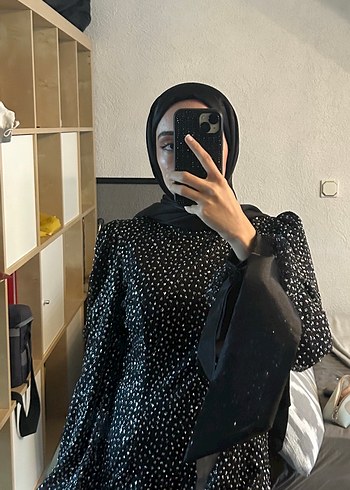 Simli tesettür abiye elbise siyah
