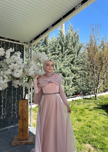 xs Beden Pembe Drapeli Uzun Tesettür Abiye Elbise