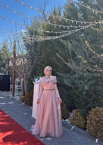 Abiye Pembe Drapeli Uzun Tesettür Abiye Elbise