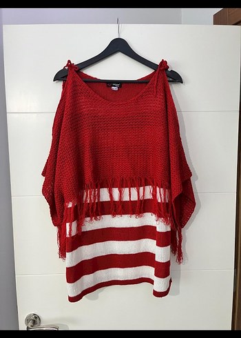 Kırmızı Çizgili Bohem Mini Triko Kazak