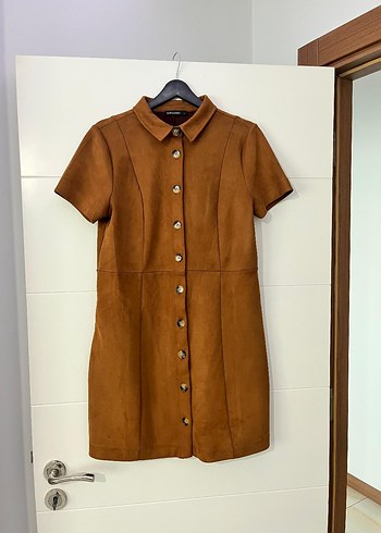 LC Waikiki Düğmeli Kahverengi Süet Midi Elbise