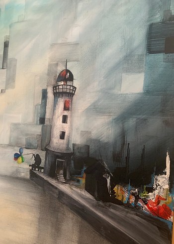 Gri Tonlarda Deniz Feneri ve Tekneler Tablosu - Görsel 8