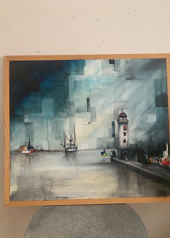 Gri Tonlarda Deniz Feneri ve Tekneler Tablosu - Görsel 11