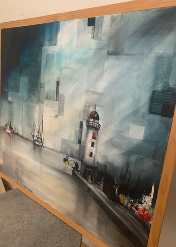 Gri Tonlarda Deniz Feneri ve Tekneler Tablosu - Görsel 5