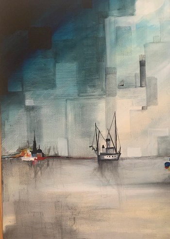 Gri Tonlarda Deniz Feneri ve Tekneler Tablosu - Görsel 9