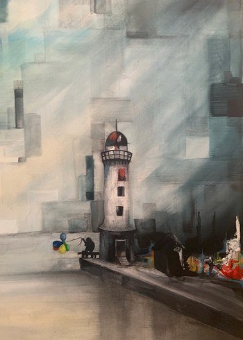 Gri Tonlarda Deniz Feneri ve Tekneler Tablosu - Görsel 10