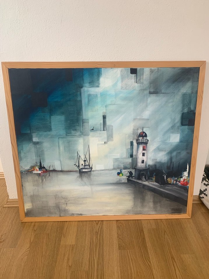 Gri Tonlarda Deniz Feneri ve Tekneler Tablosu - Görsel 2