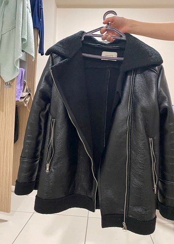 Diğer Kürklü Siyah Biker Deri Ceket