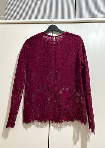 l Beden Bordo Dantel Detaylı Uzun Kollu Bluz