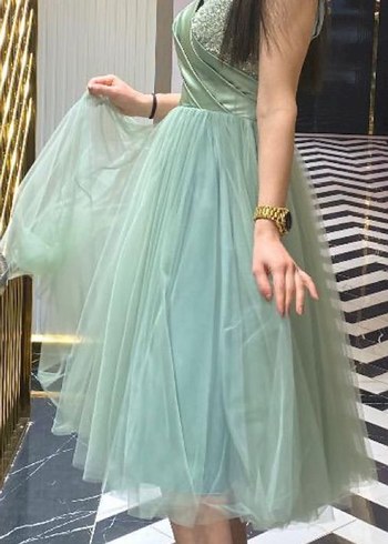 Yeşil Straplez Midi Abiye Elbise - Görsel 2