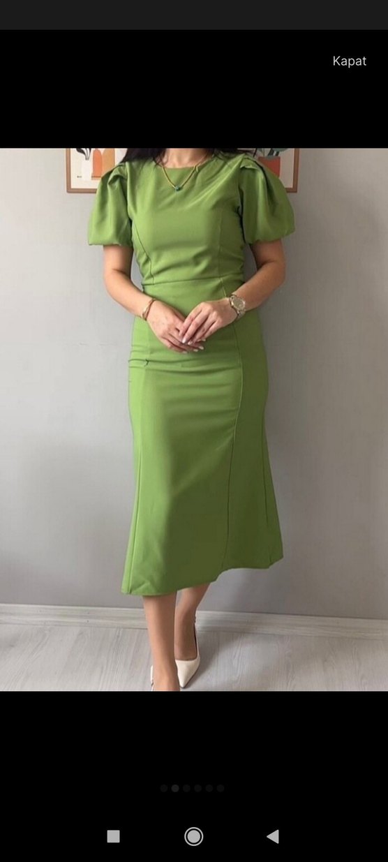 Yeşil V Yaka Midi Elbise - Görsel 2