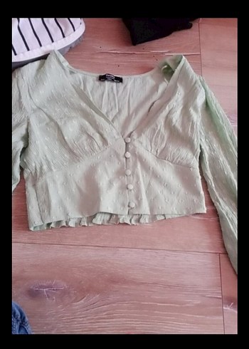 V Yaka Düğmeli Keten Mini Bluz