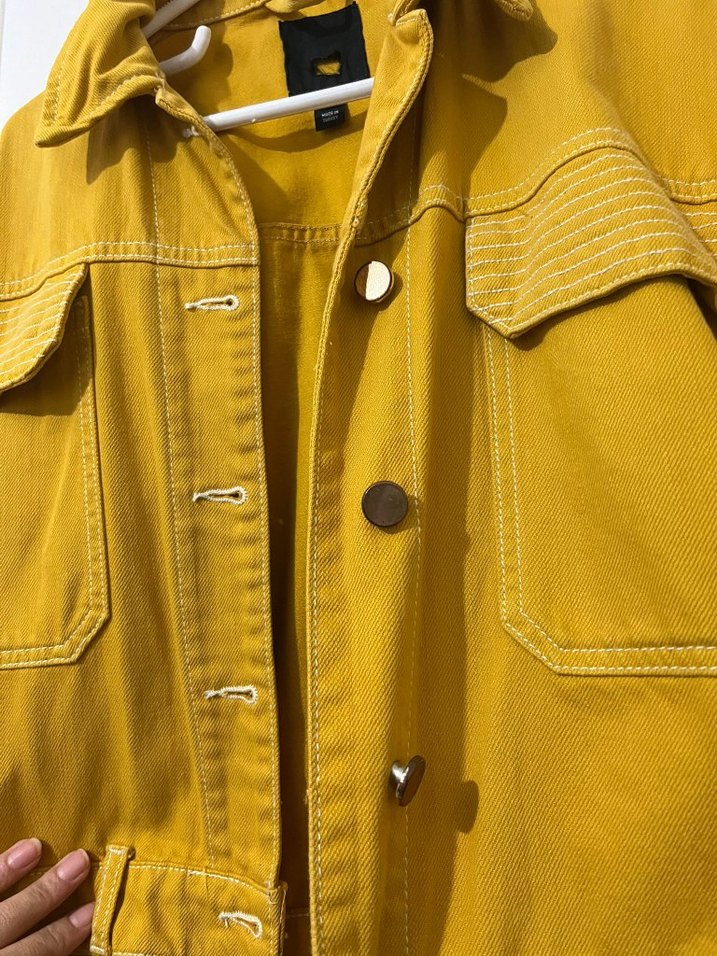 Sarı Deri Düğmeli Midi Kadın Ceket - Görsel 3