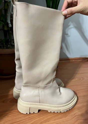 Bej Diz Boyu Stiletto Topuklu Kadın Çizme - Görsel 3