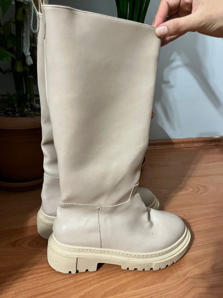 Bej Diz Boyu Stiletto Topuklu Kadın Çizme - Görsel 3