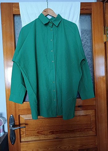 Düğmeli Yeşil Keten Kadın Gömlek - Görsel 2