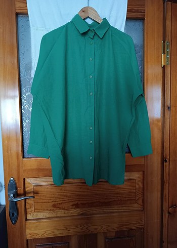 Düğmeli Yeşil Keten Kadın Gömlek - Görsel 3