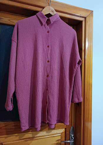 pembe Keten Kadın Gömlek, Uzun Kollu, Rahat Kesim - Görsel 2