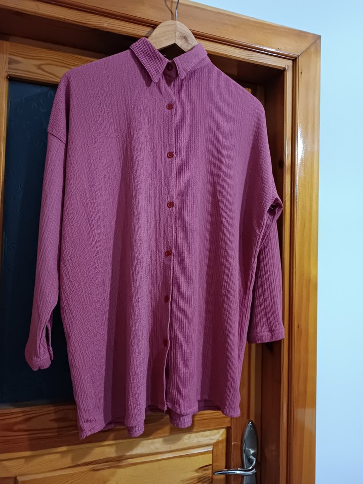 pembe Keten Kadın Gömlek, Uzun Kollu, Rahat Kesim - Görsel 2