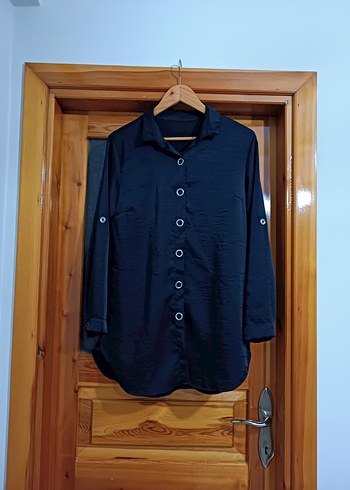 Siyah Uzun Kollu Düğmeli Salaş Kadın Gömlek - Görsel 2